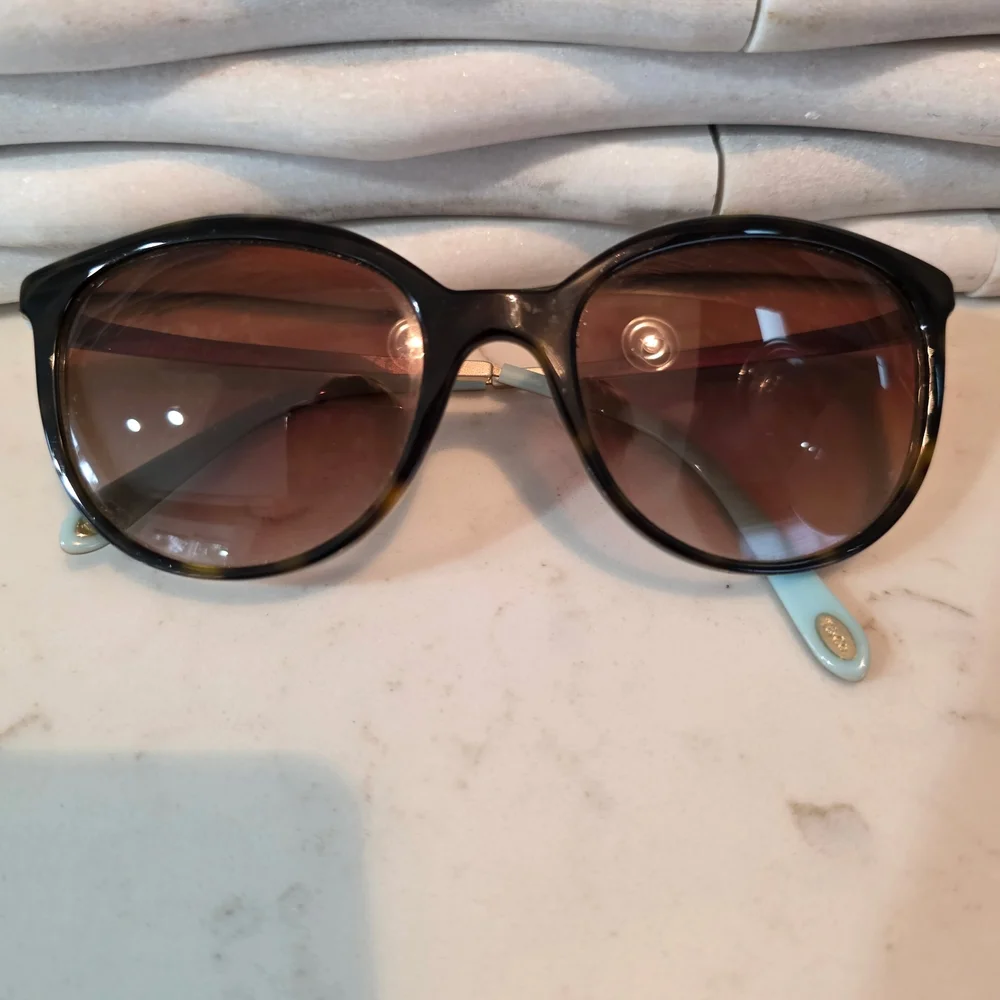 Tiffany & Co. Black Frame Sunglasses with Brown Lenses and Pale Blue Temple Tips - Picture 2 of 10